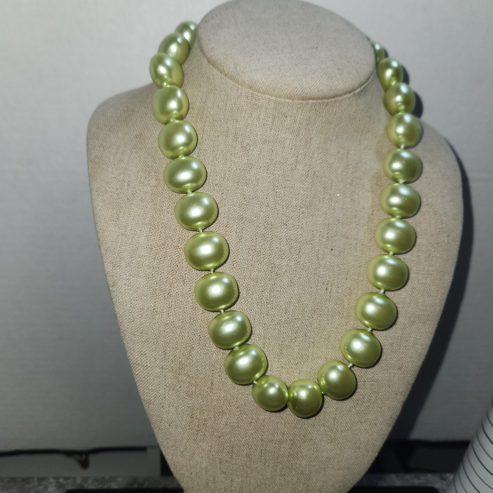Lime Green Faux Pearl Necklace 20 Inch Large 15mm Beads Magnetic Clasp Statement